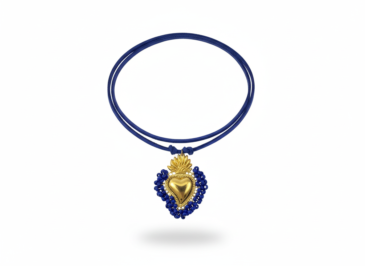 Choker con cordino blu e cuore sacro blu