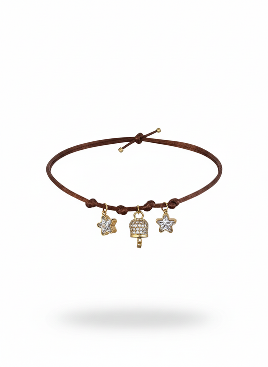 Choker marrone con stelline gold glitter e campanellino zirconato