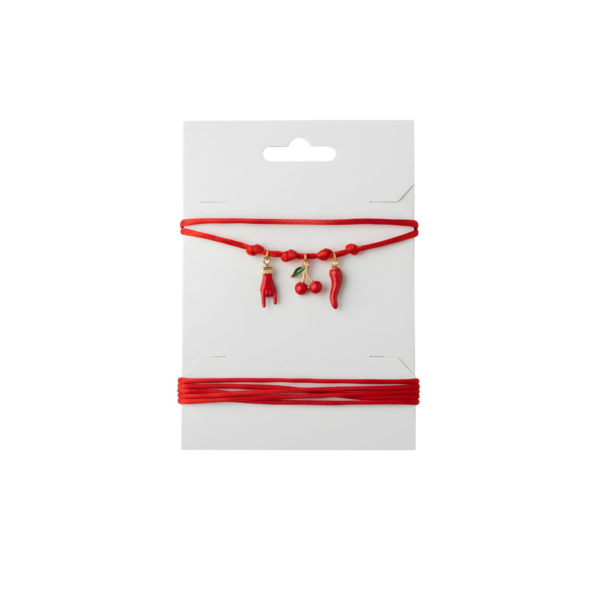 Choker rosso con ciliegine, cornino portafortuna e mano che fa le corna rossa