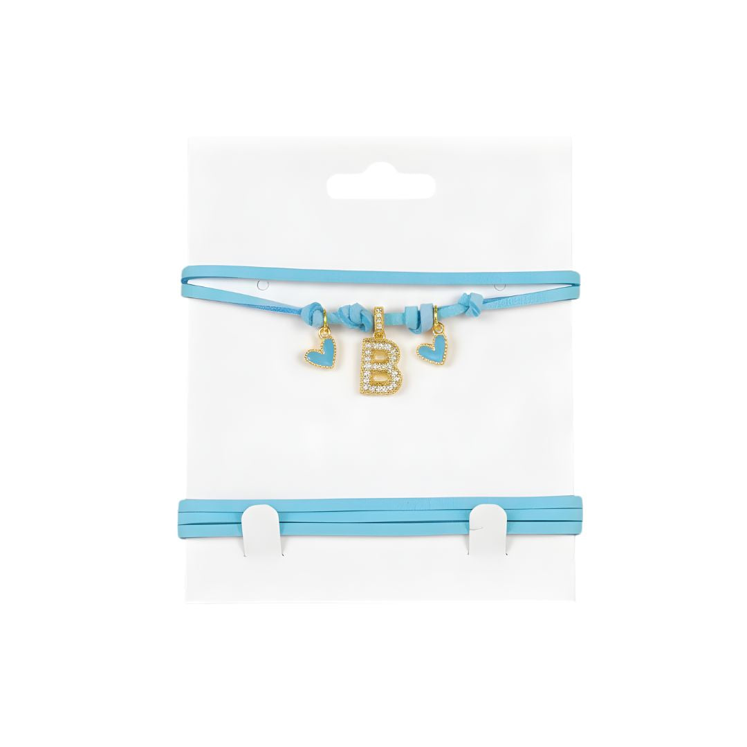 Choker azzurro in pelle scamosciata con lettera B e cuoricini azzurri e dorati