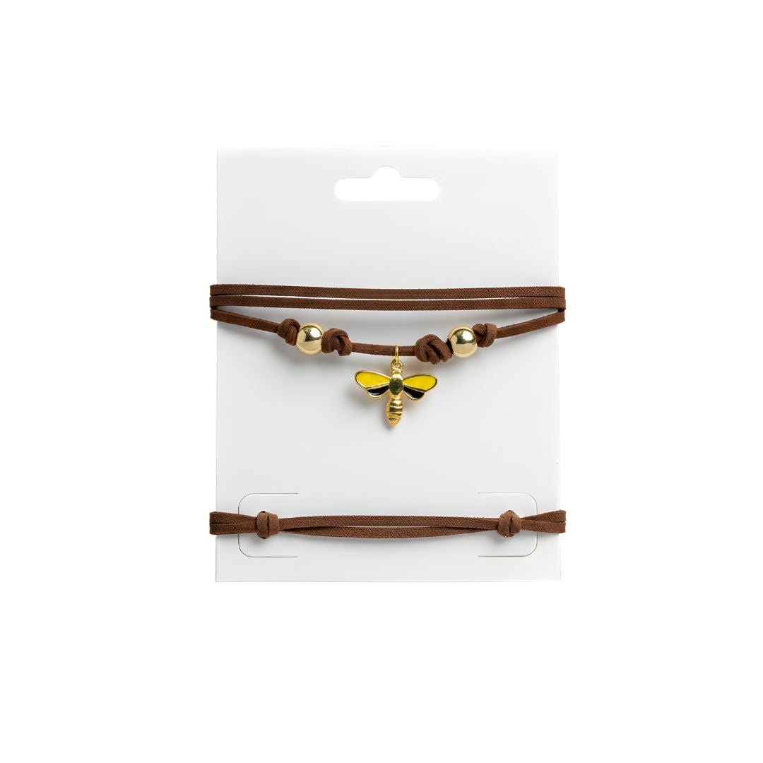 Choker marrone in pelle scamosciata con ciondolo ape Honey Bee e perline dorate