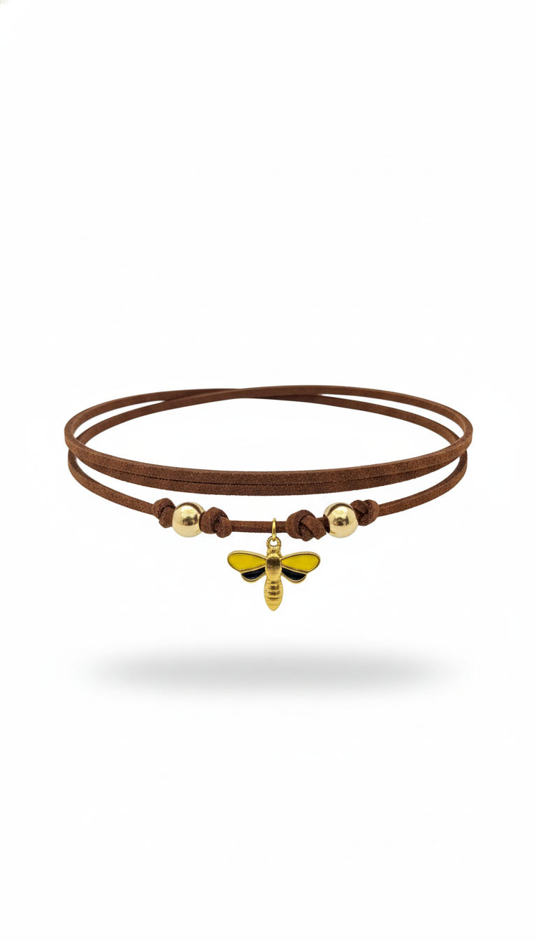Choker marrone in pelle scamosciata con ciondolo ape Honey Bee e perline dorate