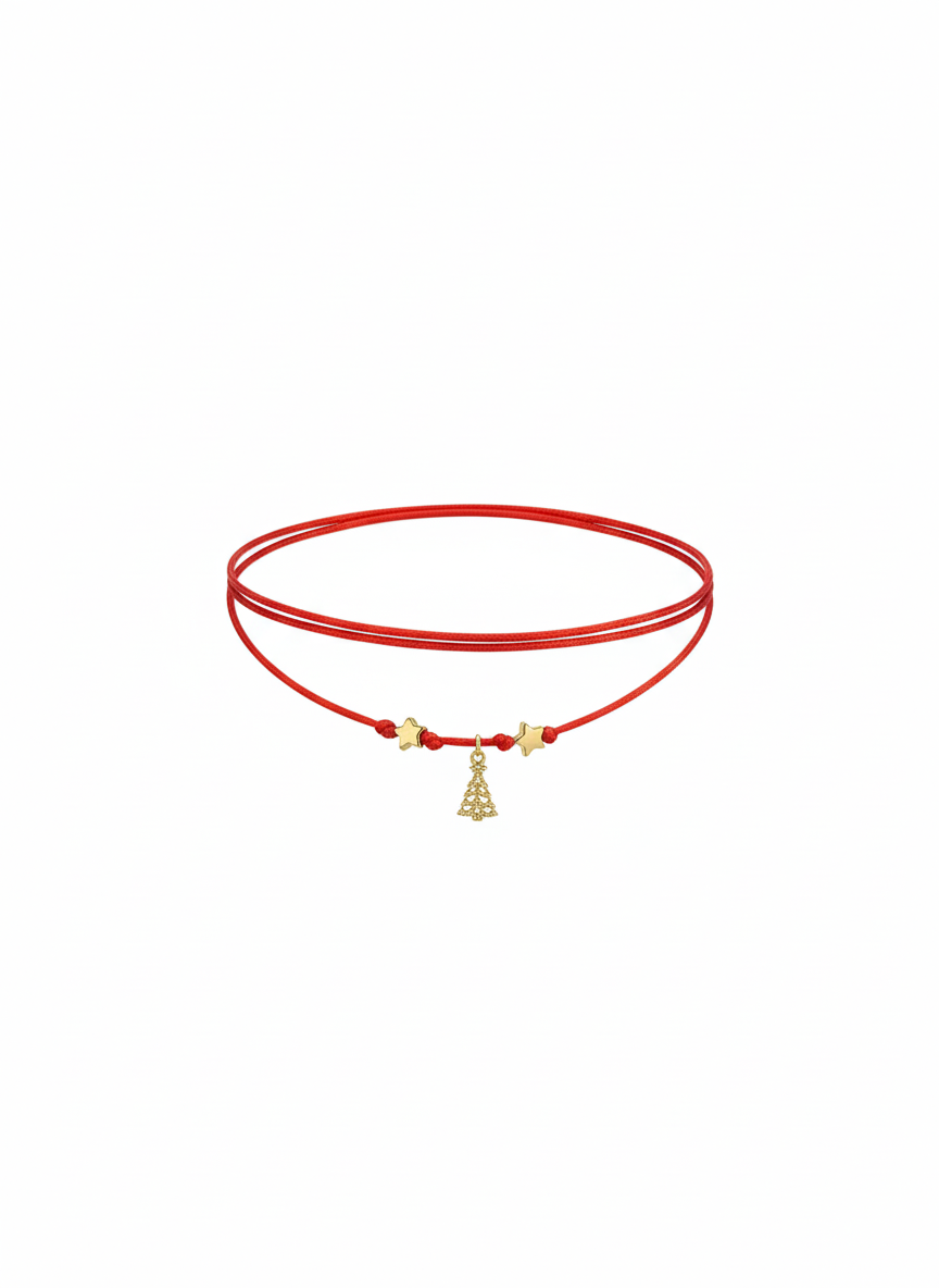 Choker natalizio rosso con mini alberello dorato, perline e stelline oro