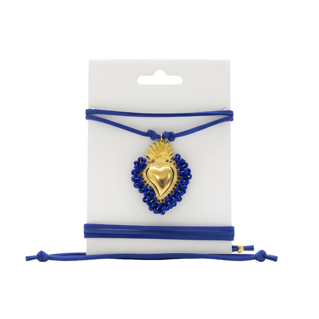 Choker con cordino blu e cuore sacro blu 